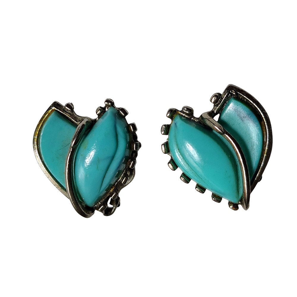 Turquoise Heart Silver Clip On Earrings Southwest Handcrafted Unique Bezel